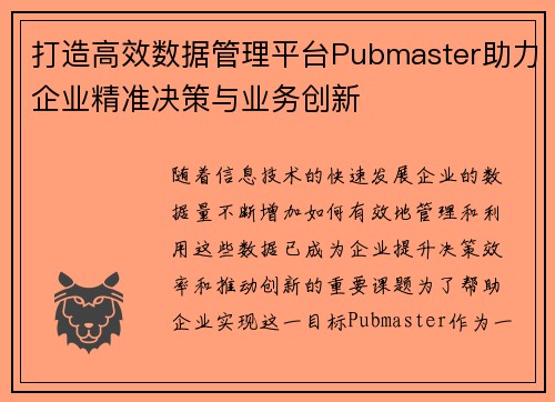 打造高效数据管理平台Pubmaster助力企业精准决策与业务创新